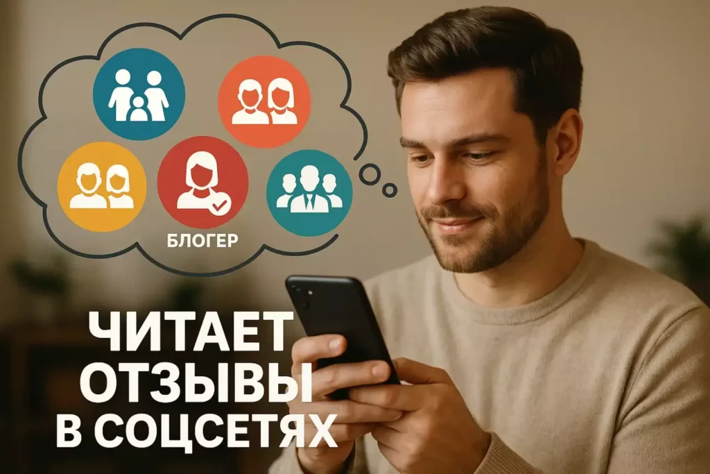 На изображении молодой человек с интересом смотрит в смартфон, читая отзывы в социальных сетях. Над ним — облако мыслей с иконками, символизирующими разные референтные группы: семья, друзья, коллеги и блогер. Каждая иконка оформлена в ярком цвете и содержит узнаваемый силуэт, подчёркивая роль каждой группы в формировании потребительского выбора.
