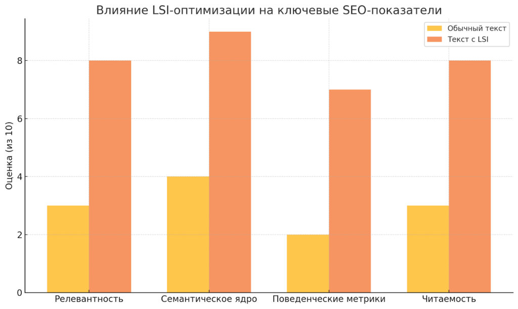 диаграмма показывает как внедрение LSI-ключей влияет на качество текста