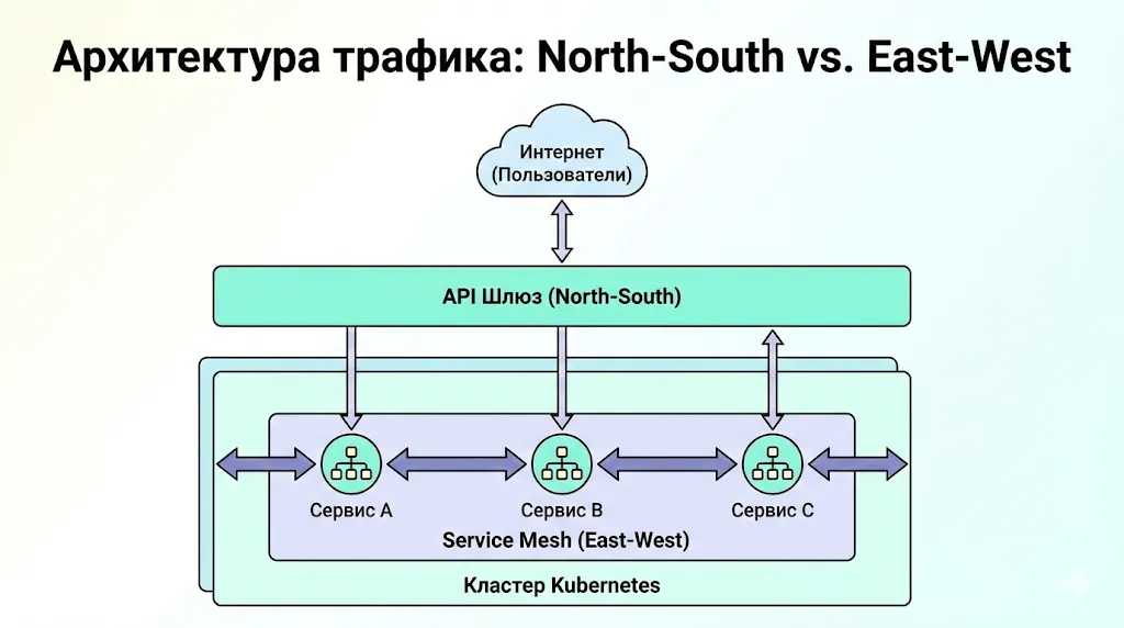 Схема архитектуры трафика: North-South и East-West. 