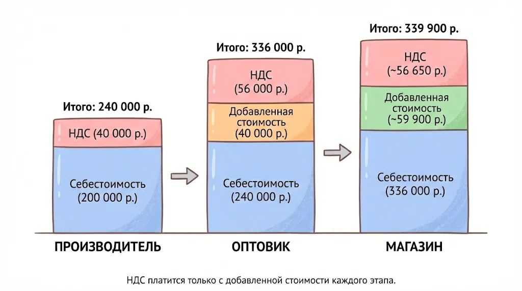 Диаграмма цепочки НДС от производителя до магазина с итоговыми суммами. 