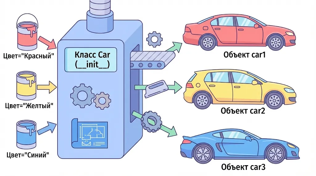 Иллюстрация параметризованного конструктора как автомобильного конвейера. 
