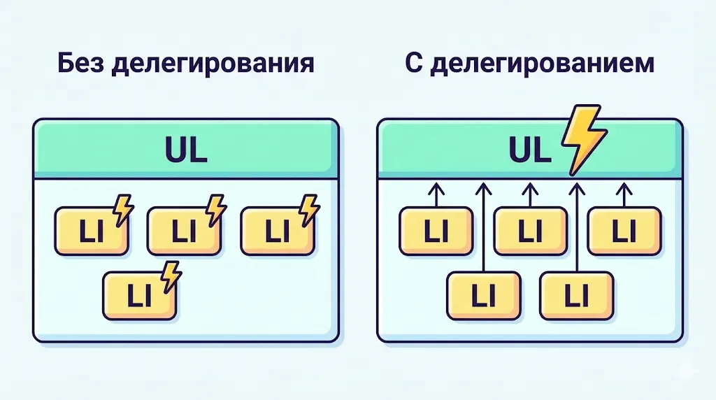 схема делегирования событий. 