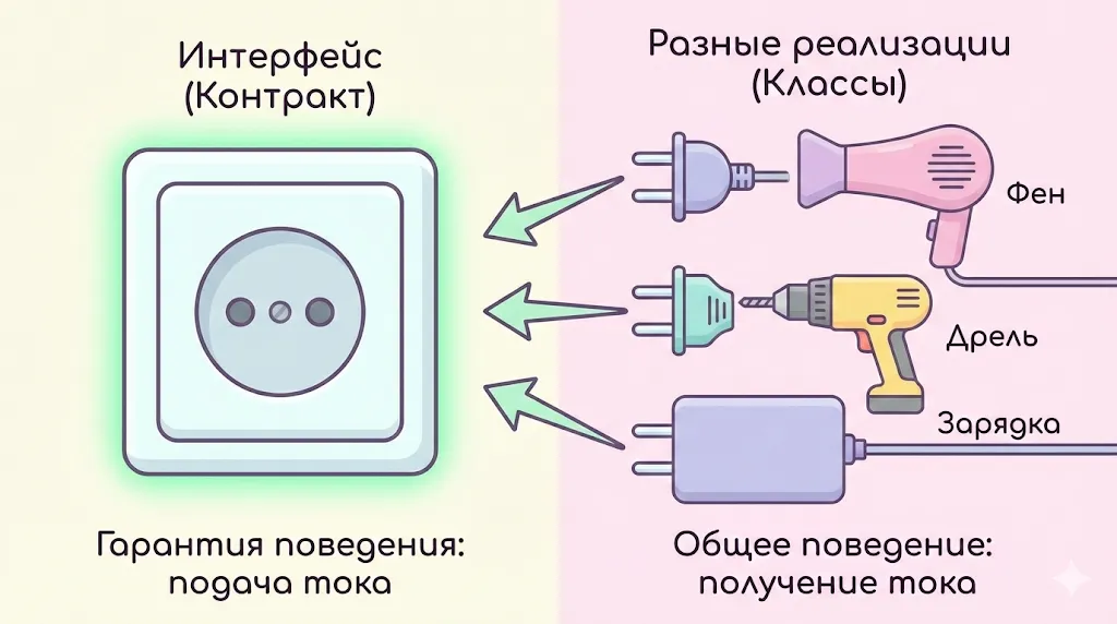 Интерфейс как контракт: розетка и разные вилки.