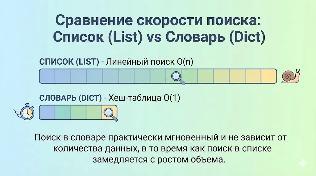сравнение скорости поиска в списке и словаре.