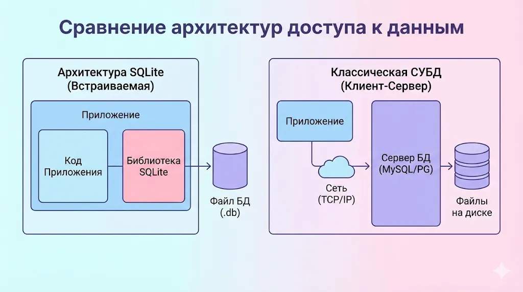 Схема архитектур SQLite и клиент-серверных СУБД. 