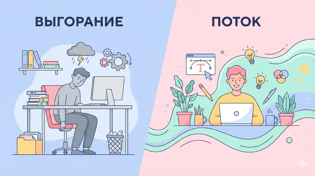 Иллюстрация выгорания на работе и состояния потока.