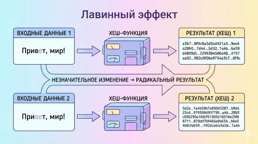 Иллюстрация лавинного эффекта при изменении одного символа.