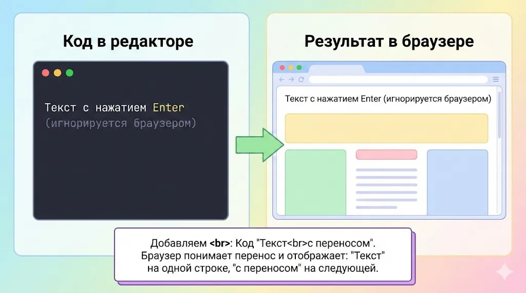 Сравнение отображения переноса строки в коде и браузере.