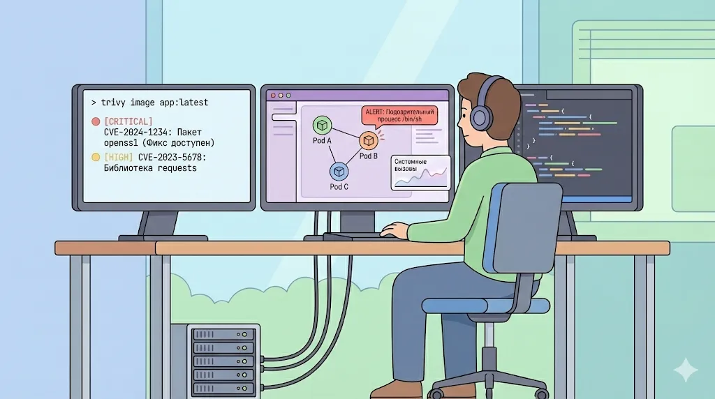 Специалист по ИБ мониторит безопасность контейнеров.