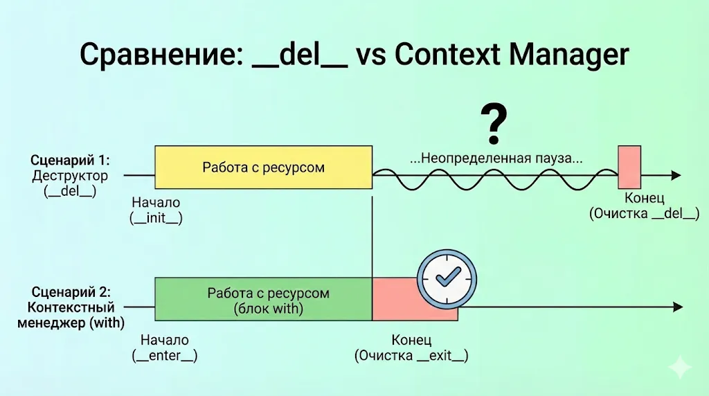 Сравнение временных шкал деструктора и контекстного менеджера.