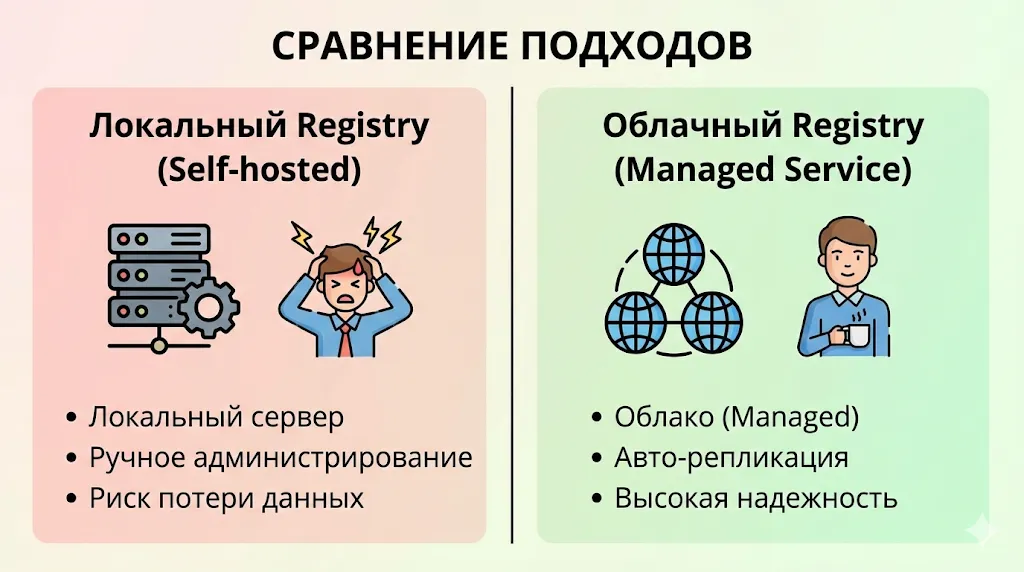 Сравнение локального (Self-hosted) и облачного (Managed) Registry. 