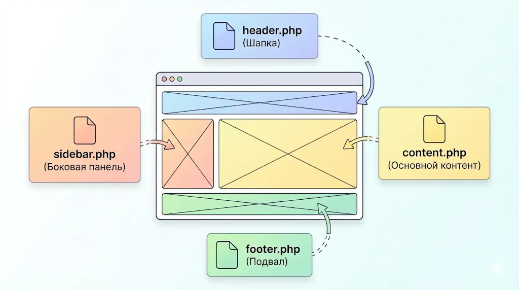 Схема сборки веб-страницы из PHP-файлов 