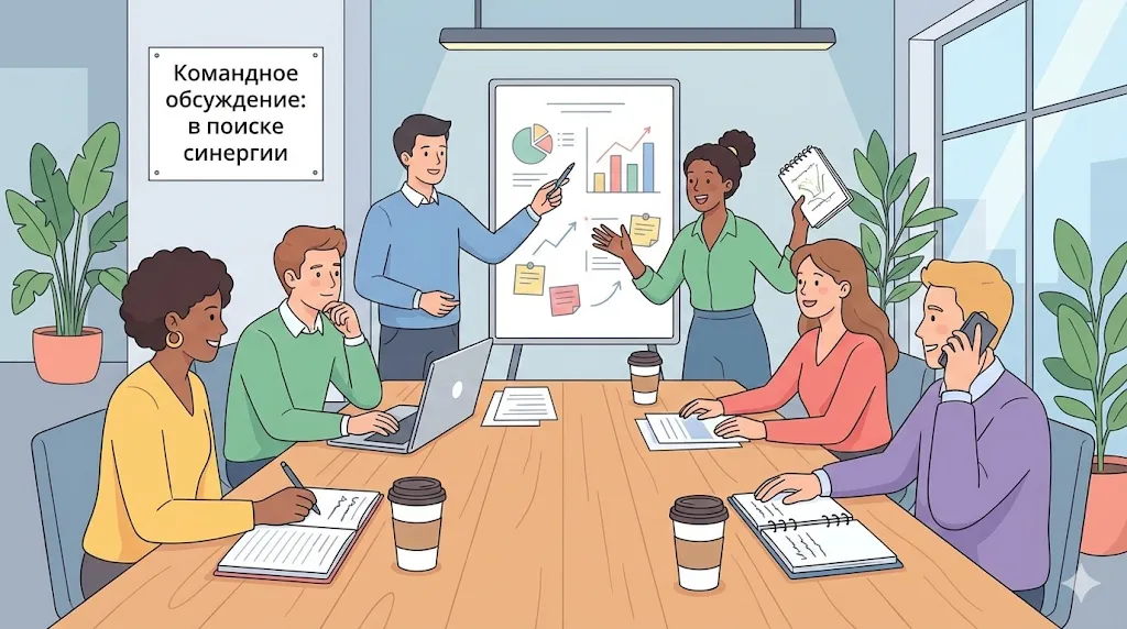 Команда обсуждает рабочий проект за столом.