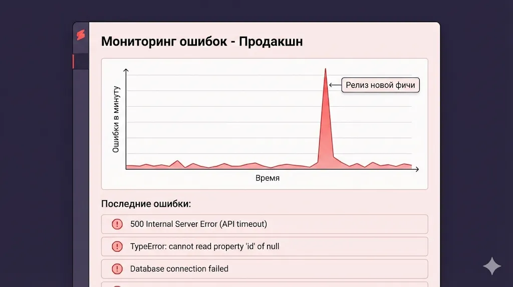 Стилизованный скриншот мониторинга ошибок с всплеском после релиза. 