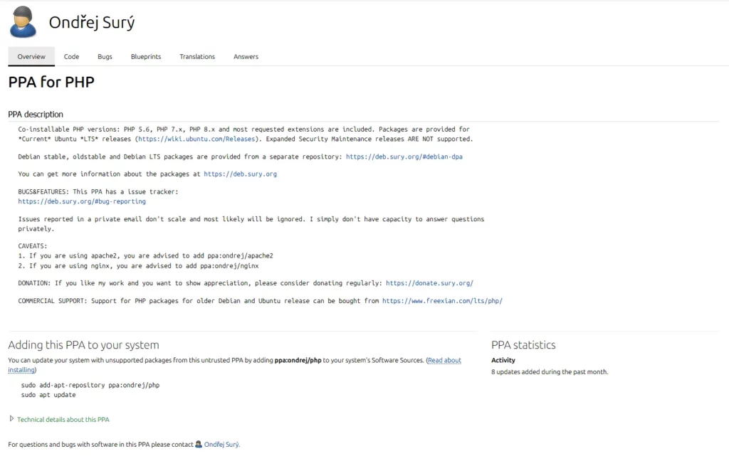 Страница PPA-репозитория Ondřej Surý. 