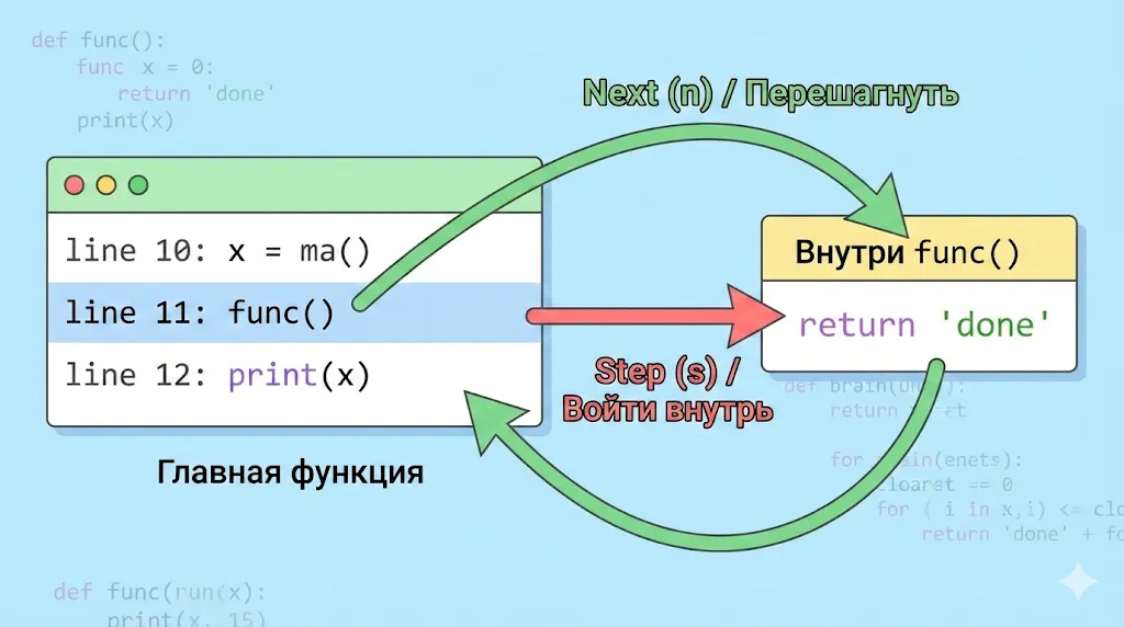 Схема команд pdb: next и step.