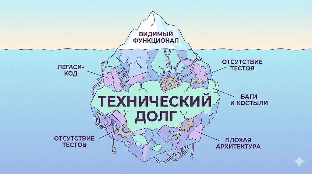 Метафорическая иллюстрация айсберга технического долга. 