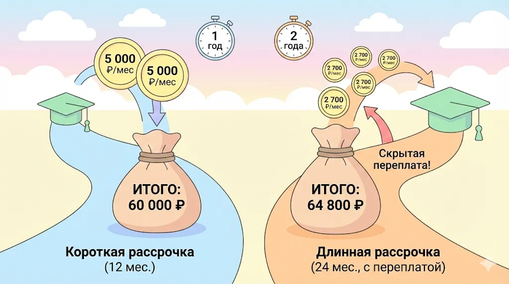 Иллюстрация двух вариантов рассрочки и скрытой переплаты.