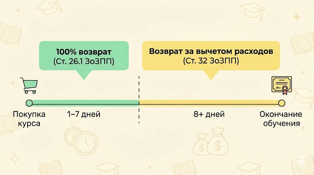 Таймлайн возврата денег за курс. 