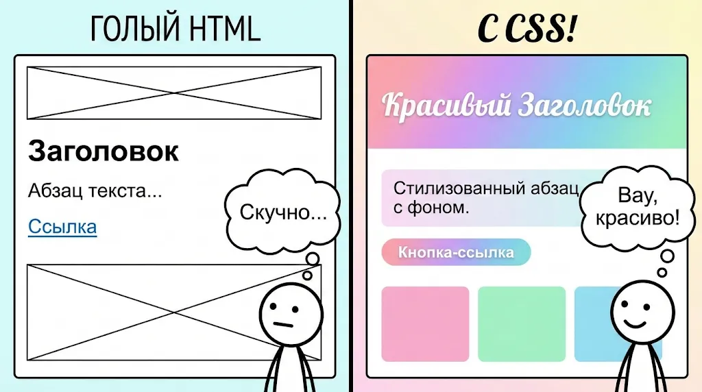 Сравнение страницы с CSS и без. 