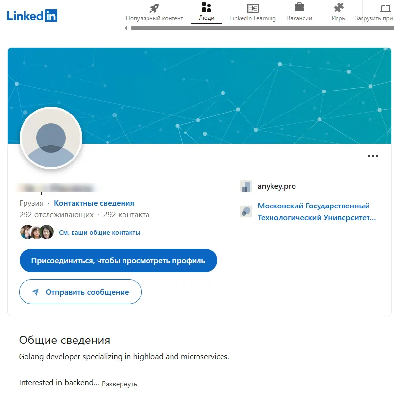 Пример профиля в Linkedin